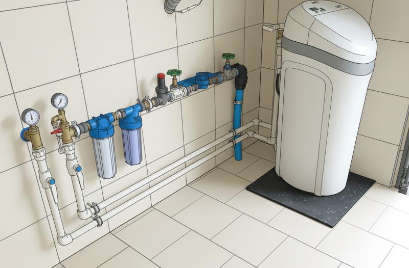 Instalacja stacji uzdatniania wody z filtrami i zmiękczaczem zamontowana w kotłowni